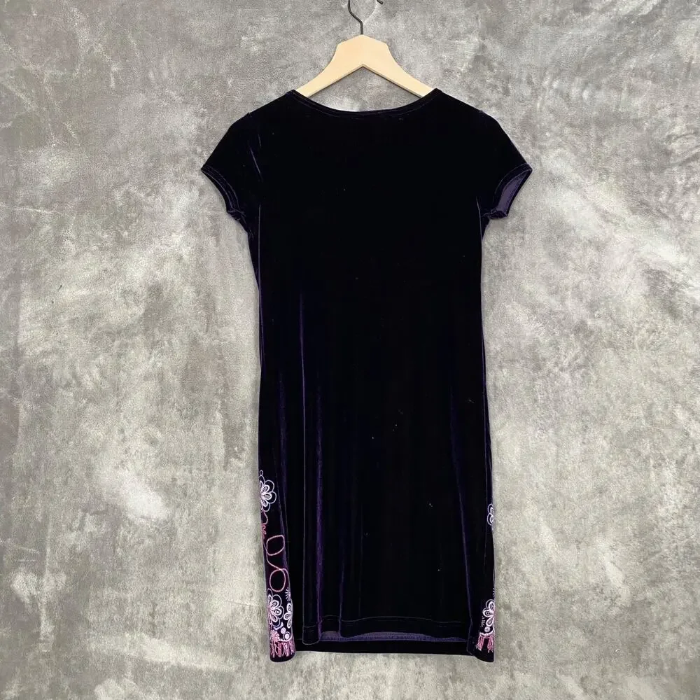 Vintage 90s Girls Dress Size 14 Deep Purple Velvet Embroidered‎ Flowers Y2K